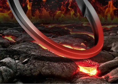 Close-up of red-orange lead hook shank near rocky surface with metallic hook