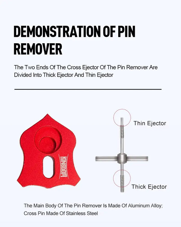 Bearing pin remover tool with thin and thick ejector ends for reel maintenance