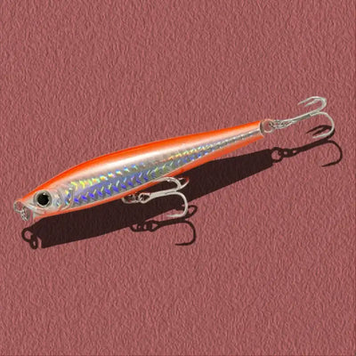 Lipless minnow fishing lure, orange body with holographic sides and three treble hooks