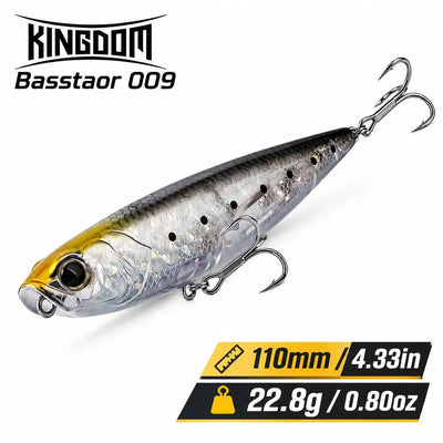 Multicolor topwater pencil fishing lure with silver body, yellow tail, and two treble hooks.