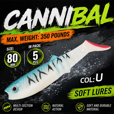 White and blue paddle tail swimbait with red tail cap, soft lifelike body stripes.