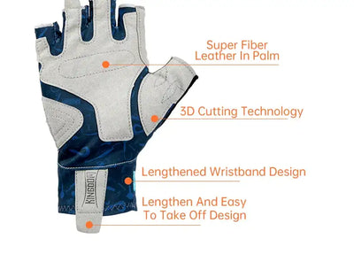 Blue half-finger fishing gloves with white panels and extended wrist band