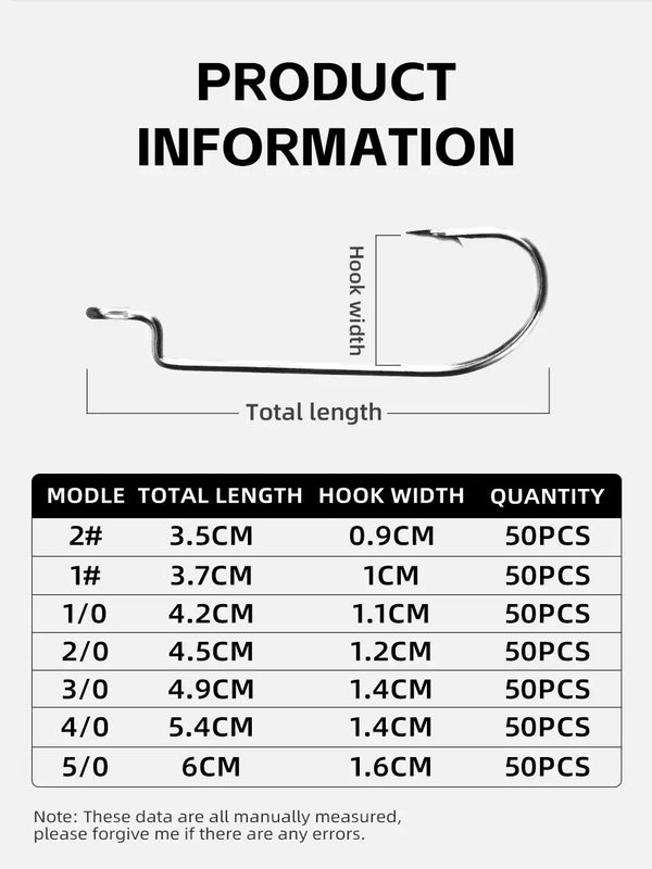 Offset worm hook product diagram with hook size chart and measurements