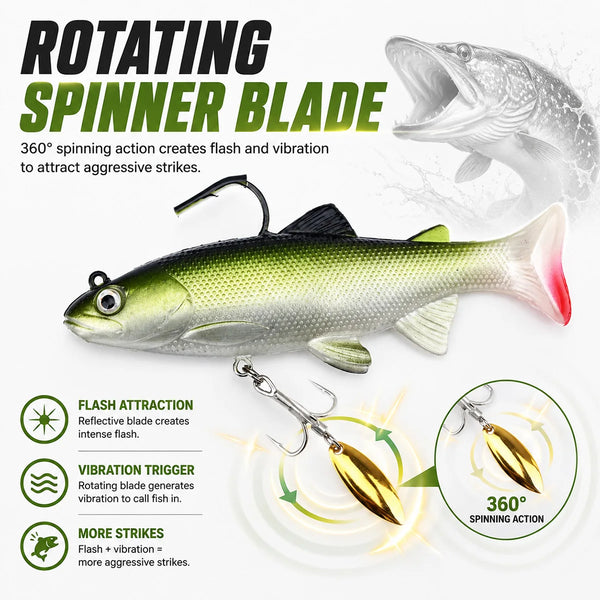 Rotating spinner blade swimbait lure, green back, silver body, and pink tail