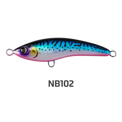 Floating stickbait fishing lure in blue with black speckles, purple belly, and gold eye