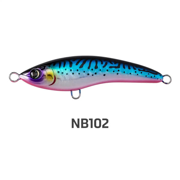 Floating stickbait fishing lure in blue with black speckles, purple belly, and gold eye