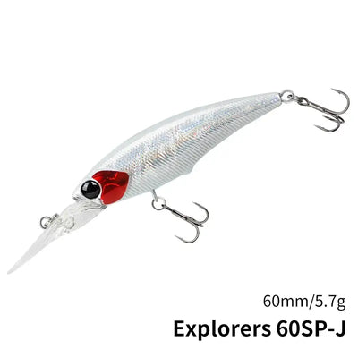 Tsurinoya EXPLORERS 60SP suspending minnow lure with treble hooks, silver body with red head.