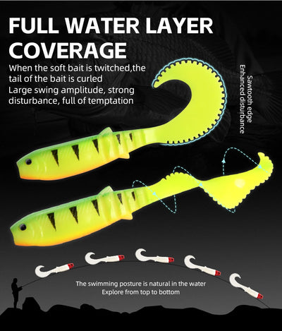 Soft silicone fishing lure shad with lime-green body and fork tail, two pack view