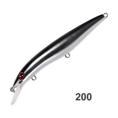 Black and silver floating minnow hard fishing lure with red eye, treble hooks