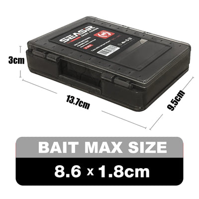 Black tackle box with clear lid and molded latches, compact multi-compartment organizer