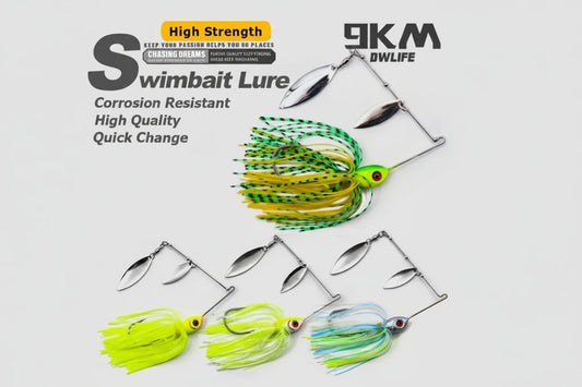 Spinnerbait lure with double willow blades and green/yellow wave-style skirt