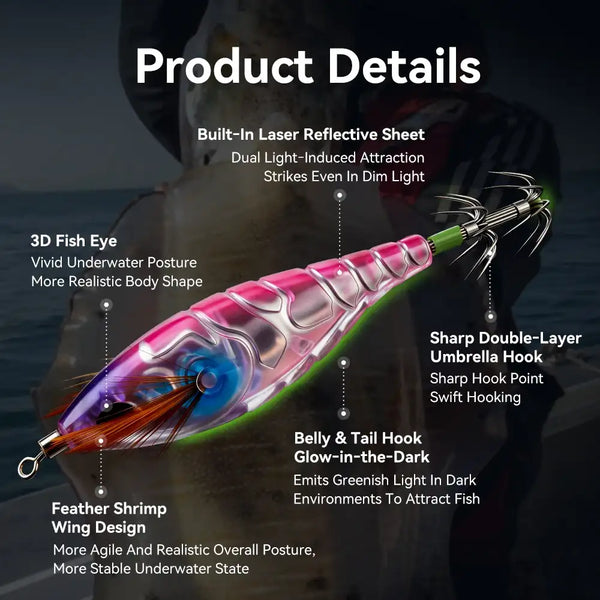 Pink and green luminous EGI squid jig with reflective body and umbrella-style hook