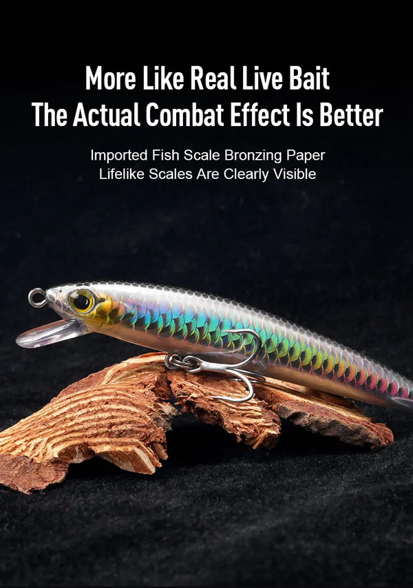 Minnow hard bait lure with iridescent blue-green scales, gold eye, and treble hooks