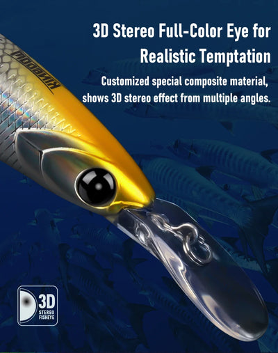 Sinking fishing lure with gold and silver body, large 3D-style black eye, treble hooks