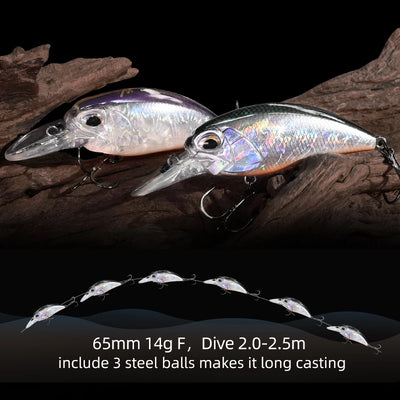 Two iridescent silver crankbait lures with treble hooks resting on dark wood