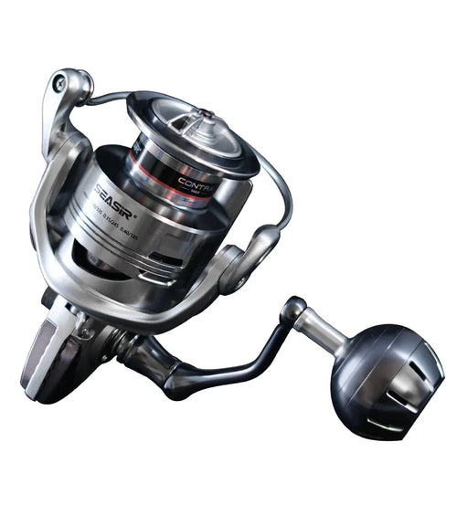 Spinning fishing reel with silver body, black handle, and round front drag dial