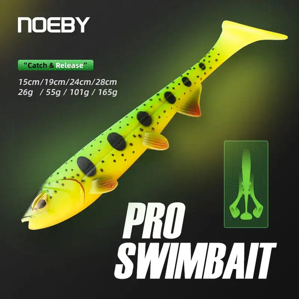 Chartreuse soft paddle-tail swimbait lure with black dots, orange fins, and pale tail