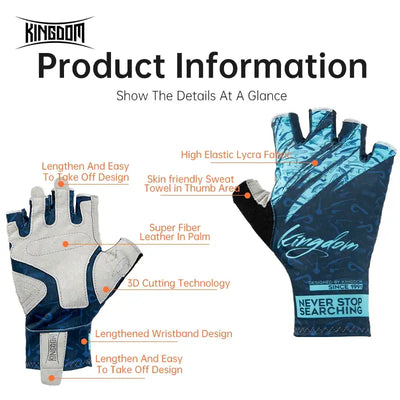 Blue and gray half-finger ice silk fishing gloves, front and back views