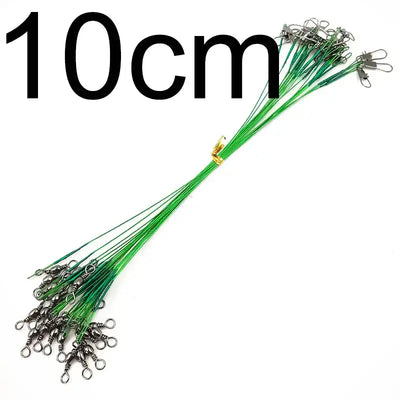 Green steel fishing wire leader set with swivels, bundled leaders, about 10 cm length.