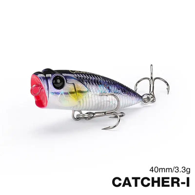 Tsurinoya CATCHER 40F popper lure, dark blue top with silver sides and red lip, hooks