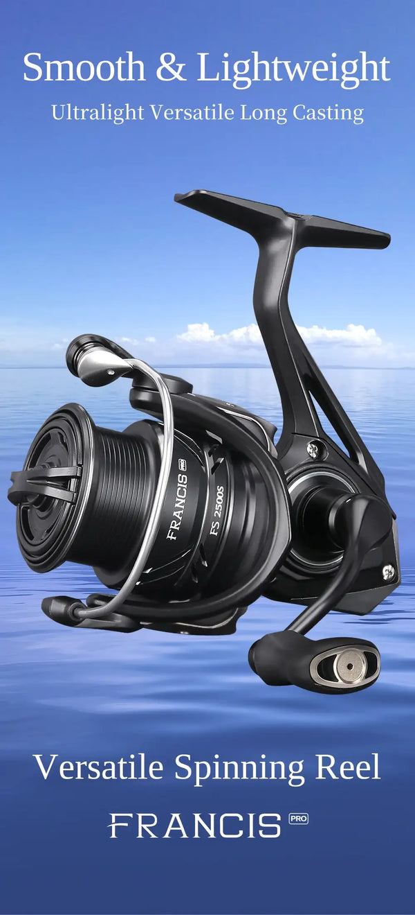FRANCIS spinning reel with long-casting spool, black rotor, and bail