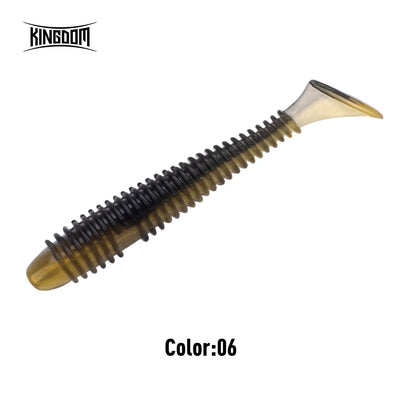 Soft plastic fishing lure in dark brown with tan tail, ribbed body