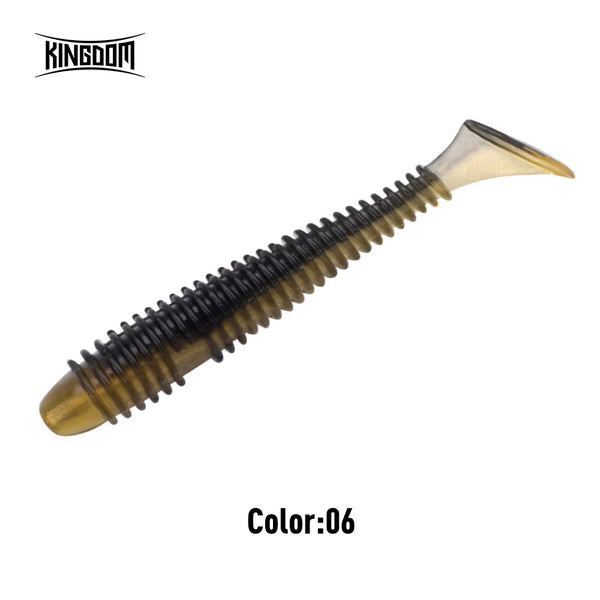 Soft plastic fishing lure in dark brown with tan tail, ribbed body
