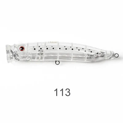 Topwater wobbler fishing lure, clear white body with dark dots and red eye