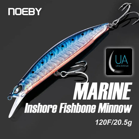 Blue and red floating minnow jerkbait with twin treble hooks and glassy body finish