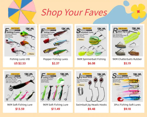 Assortment of fishing lure products displayed on a retail grid