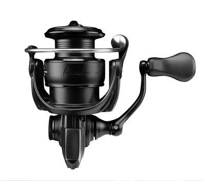 Black spinning reel close-up, round spool and curved handle