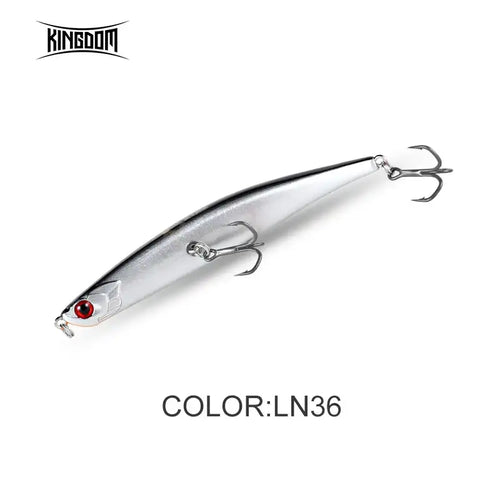 Floating pencil jerkbait fishing lure, silver with red eye, 2 treble hooks
