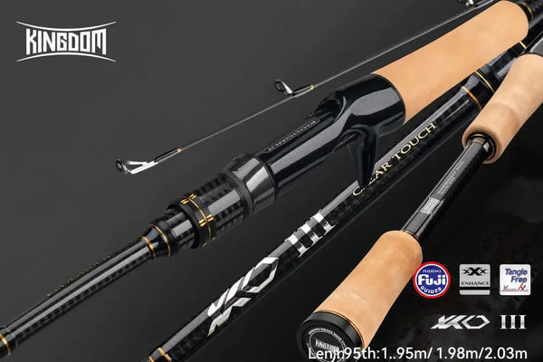 KO-Ⅲ spinning fishing rod with tan cork grip, black blank, and Fuji-style line guides