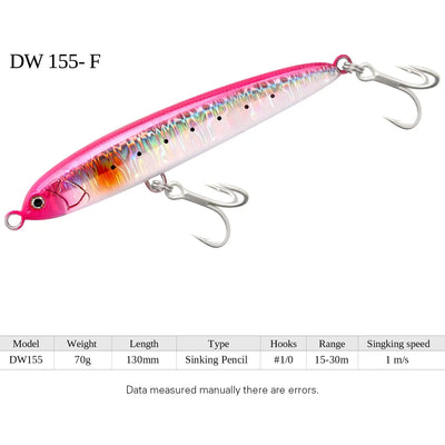 Pink and iridescent silver sinking pencil fishing lure with treble hooks, DW155-F
