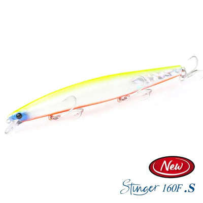 Floating minnow lure, white body with neon yellow top and orange line, treble hooks