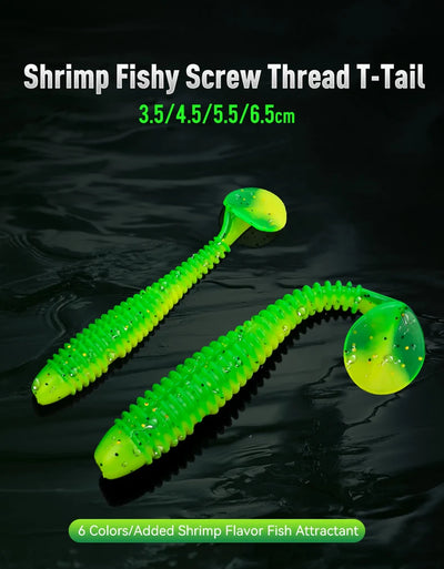 Two neon green shrimp-style screw thread T-tail soft plastic fishing lures