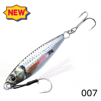 Metal jig fishing lure, silver-blue patterned body with split rings and treble hooks