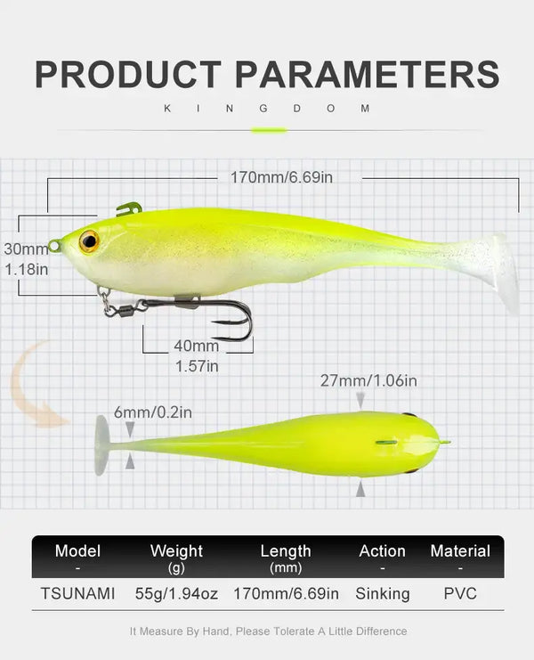 Chartreuse sinking soft T-tail lure with double-hook jighead, 170mm length