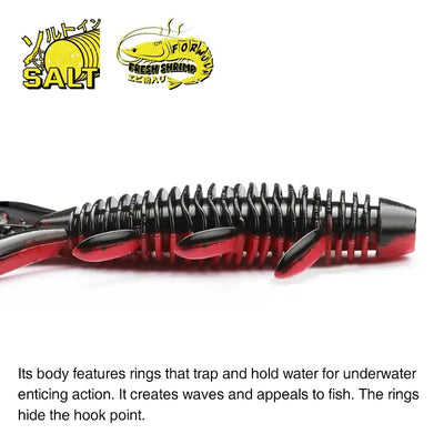 Red-and-black ring-bodied shrimp soft lure with multiple legs for lifelike swimming.