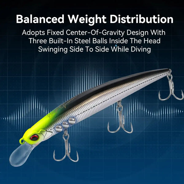 Fishing lure minnow, silver body with neon-green head and clear lip, three treble hooks.