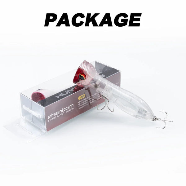 Fishing lure in blister package, prismatic clear body with red head, treble hooks