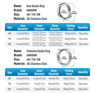 304 stainless steel oval double split rings with size 6#, 7#, 8# detail chart