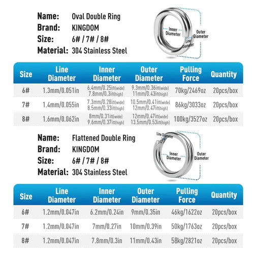 304 stainless steel oval double split rings with size 6#, 7#, 8# detail chart