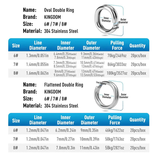 304 stainless steel oval double split rings with size 6#, 7#, 8# detail chart