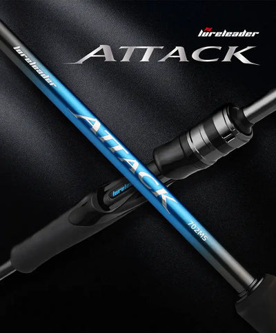 Spinning fishing rod blank with ATTACK branding, blue stripes, and ribbed black reel seat