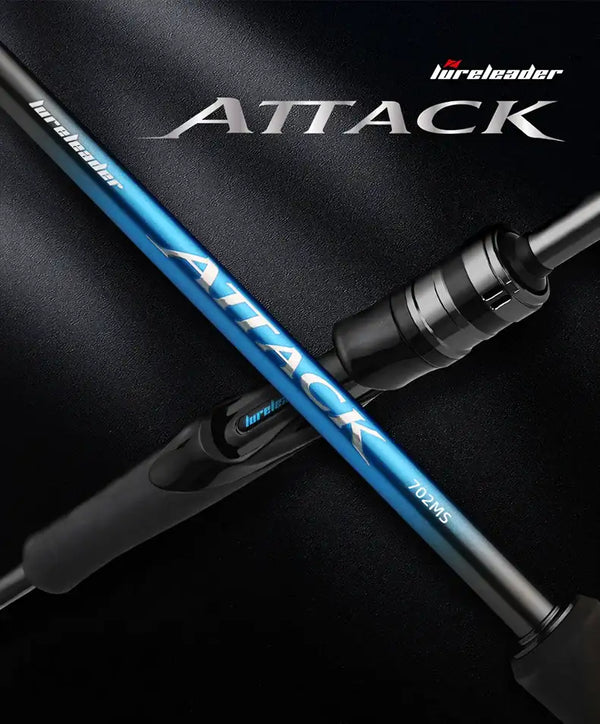 Spinning fishing rod blank with ATTACK branding, blue stripes, and ribbed black reel seat