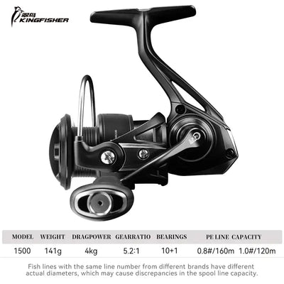 KINGFISHER 1500 spinning reel, black frame and handle, front view