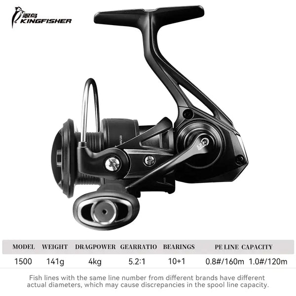 KINGFISHER 1500 spinning reel, black frame and handle, front view