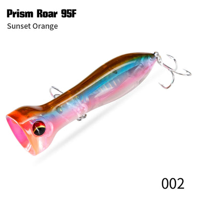 Floating topwater lure, sunset orange body with rainbow prism stripe and treble hooks