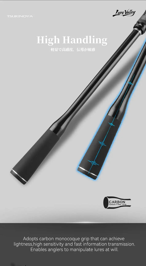 Packable 5-section carbon fishing rod, black grip with blue carbon wrap
